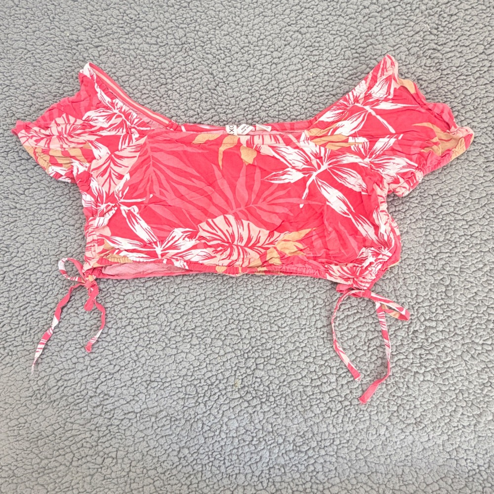 Roxy Crop Top Womens Small Red Excellent Hawaiian Floral Off Shoulder ERJWT03535